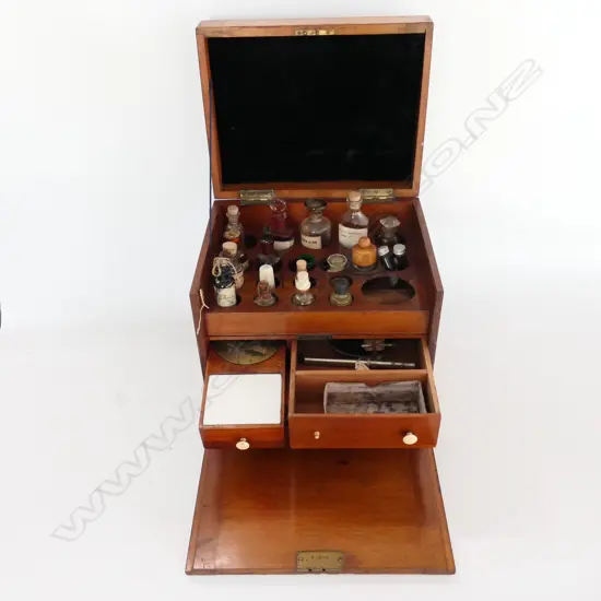 MICROSCOPY (SPECIMEN) PREPARATION BOX by FLATTERS & GARNETT LTD, MANCHESTER c.1920, MAHOG, DROP FRONT, 300 x 240 x 270mm